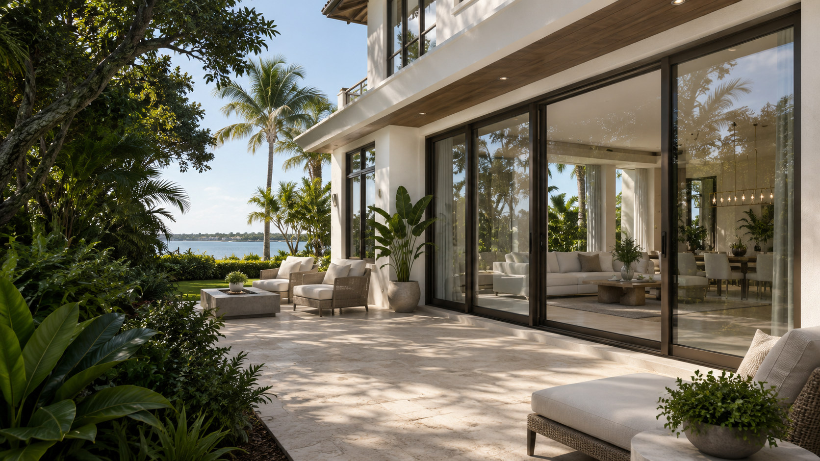 Illustrative Florida home with broad bronze-framed glass doors opening onto a garden patio